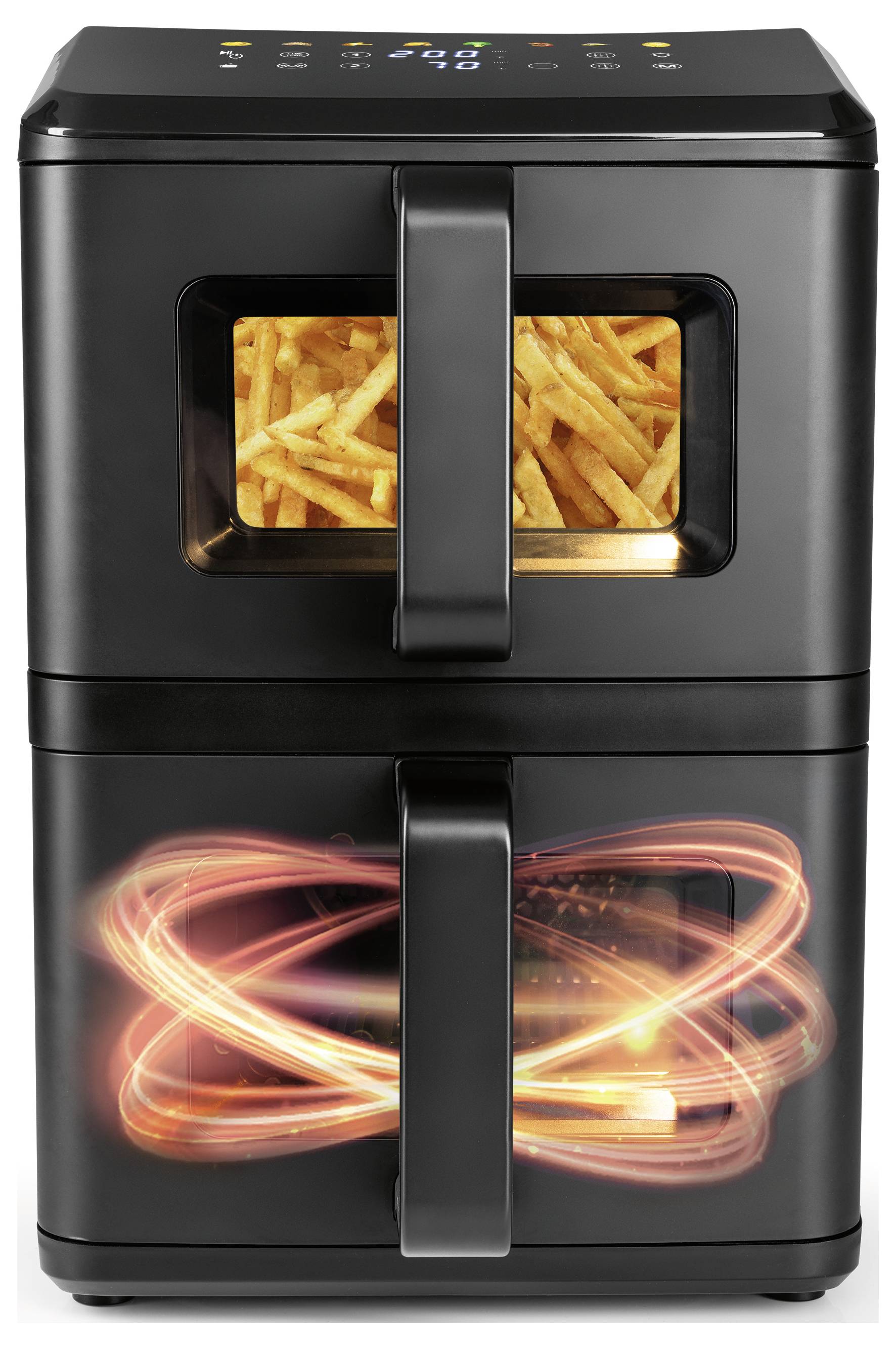 Un'air fryer nera con due scompartimenti, quello superiore che mostra patatine fritte dorate. Lo scompartimento inferiore presenta un effetto di calore vorticoso.
