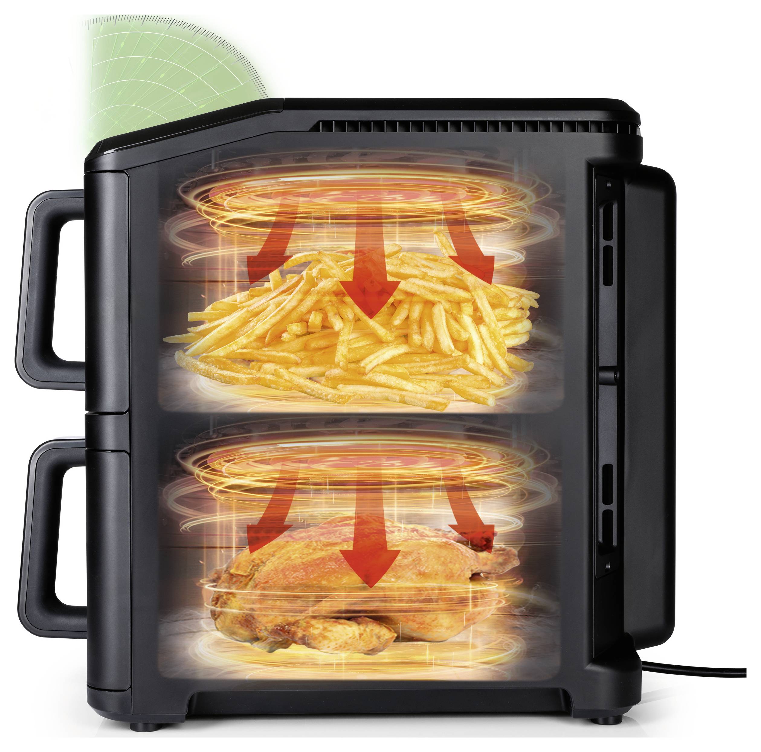Friggitrice ad aria nera che mostra le zone interne di cottura. Zona superiore: patatine fritte; zona inferiore: pollo. Le frecce indicano la circolazione dell'aria calda.