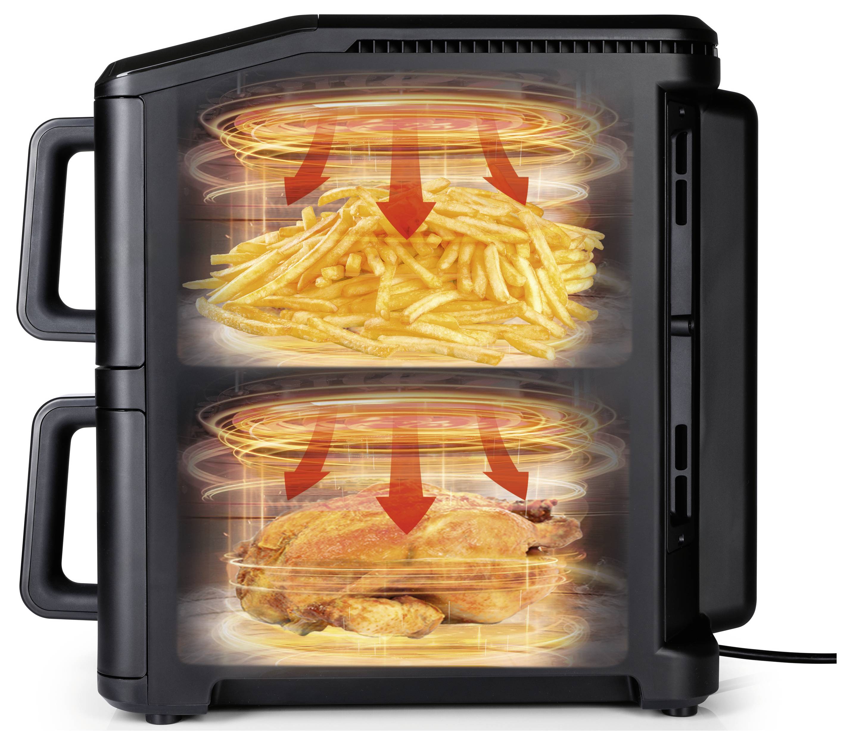 Un friggitrice ad aria nera con due scomparti che mostrano immagini a sezione trasversale: in alto con le patatine fritte, in basso con un pollo arrosto, che illustra il processo di cottura.