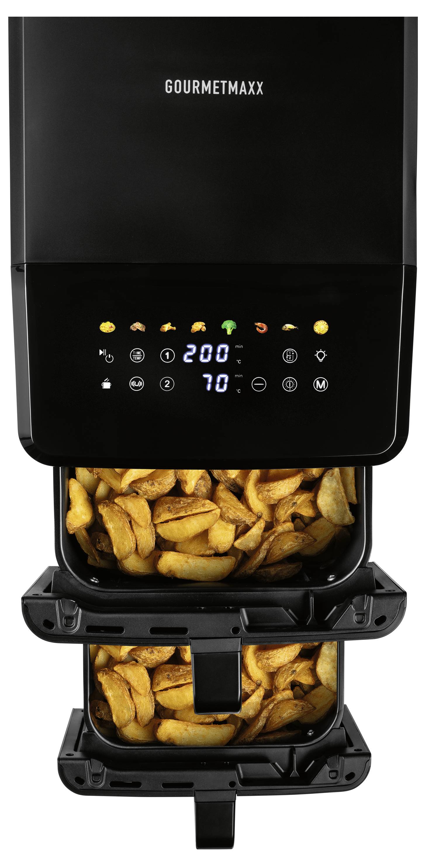 Friggitrice ad aria nera con display digitale che mostra '200°C' e '70 min', contenente spicchi di patate di colore dorato bruno nel cassetto aperto.