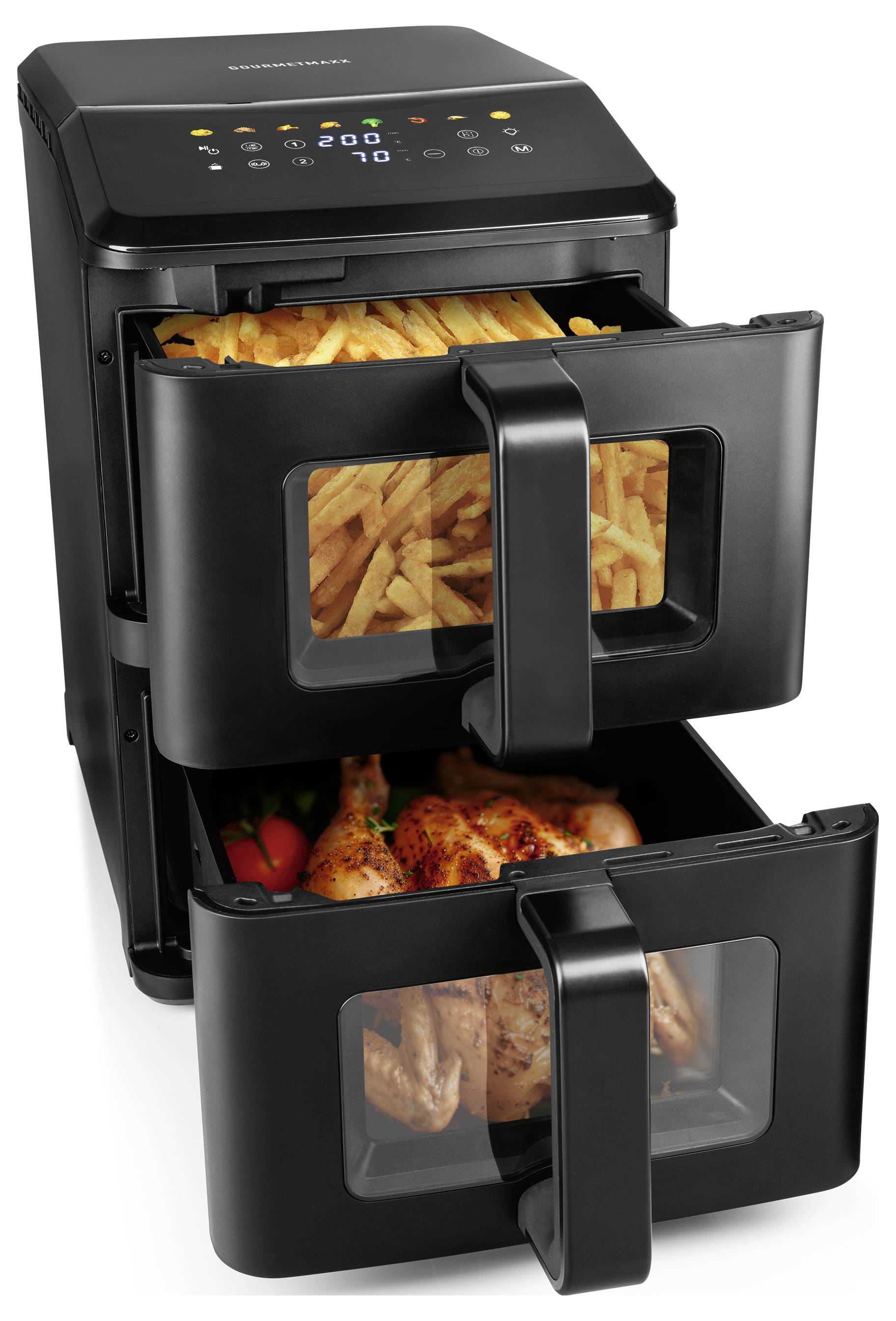 Un friggitrice ad aria a doppio cassetto con comandi touch. Il cassetto superiore contiene patatine fritte; quello inferiore ospita pollo arrosto con verdure.