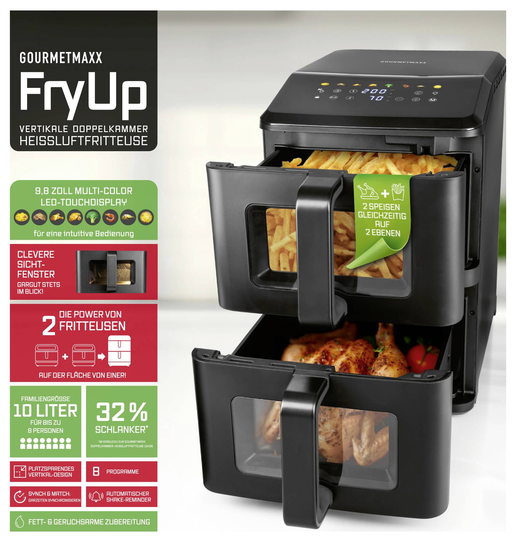 'GOURMETmaxx FryUp' Friggitrice ad aria calda con due vani. Descrizione delle funzioni e dei vantaggi, come frittura a basso contenuto di grassi e display touch.