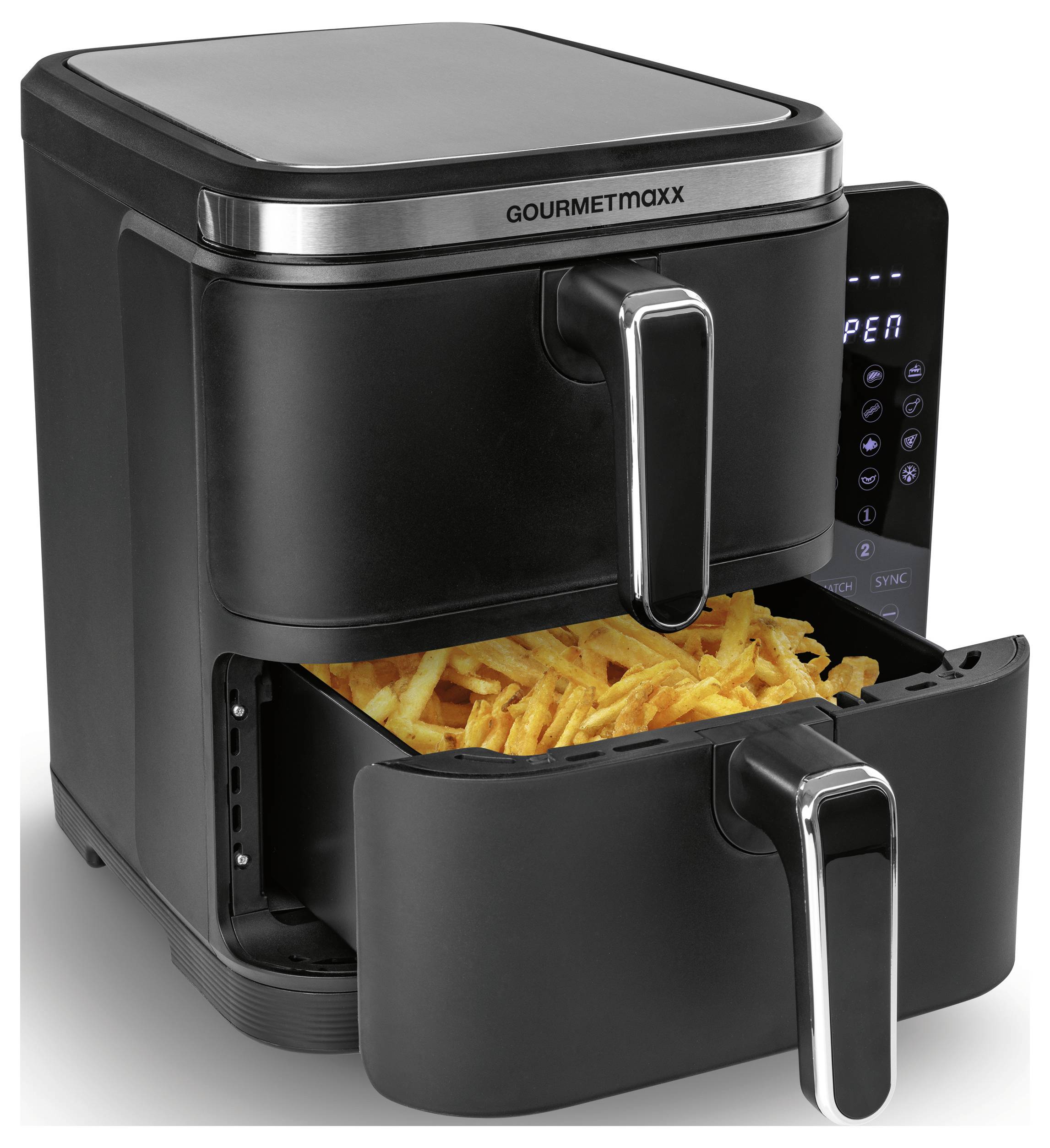 Un friggitrice ad aria nera con dettagli in acciaio inossidabile, con il cassetto aperto che mostra patatine fritte croccanti; i comandi digitali sono visibili sul lato.