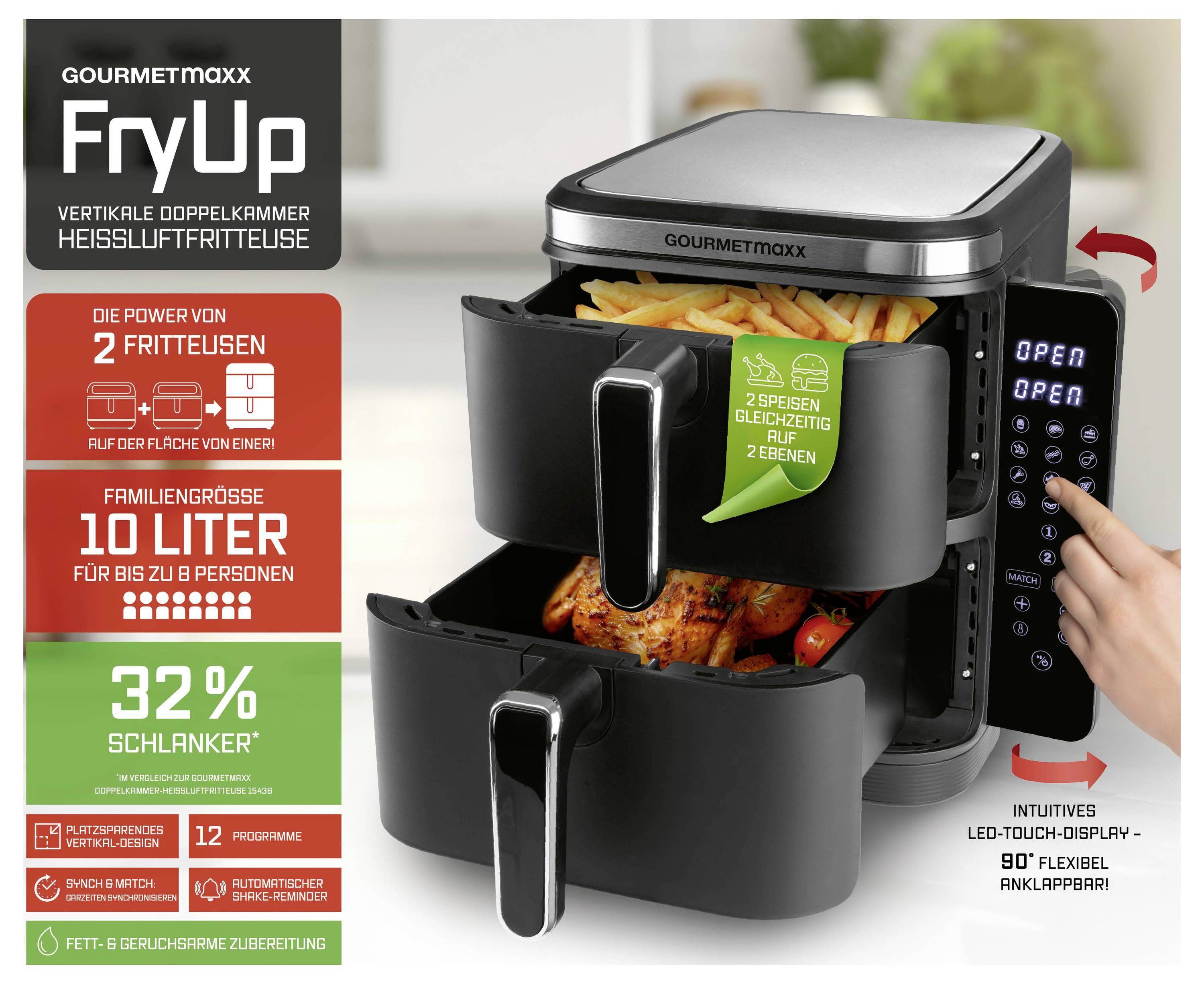 Friggitrice ad aria 'Fryup' con due cestelli per friggere, pannello di controllo digitale e capacità di 10 litri, adatta fino a 8 persone.