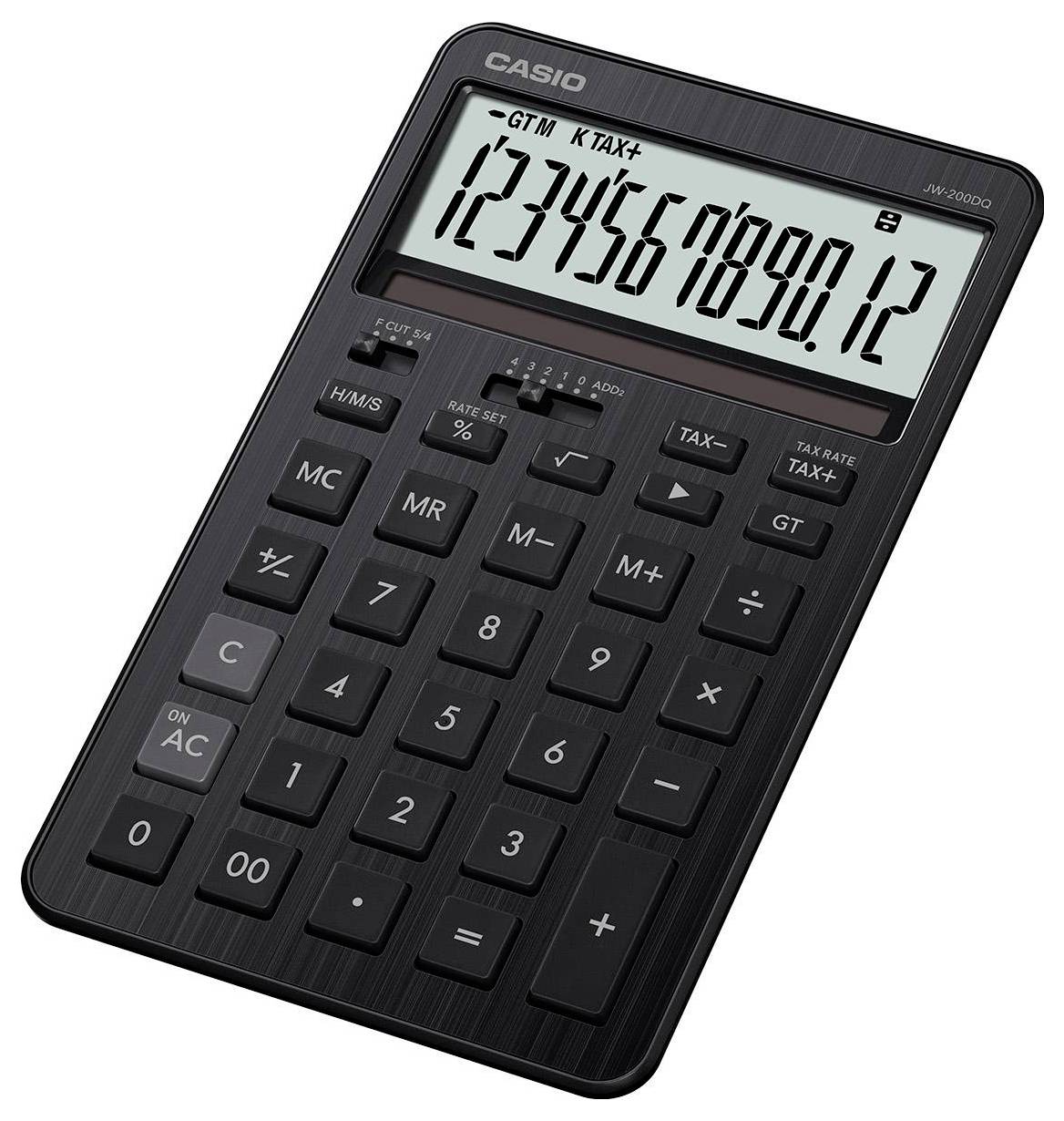 Calcolatrice nera con display di grandi dimensioni che mostra i numeri '1234567890,12'. Il dispositivo presenta tasti per funzioni standard e tastierino numerico.