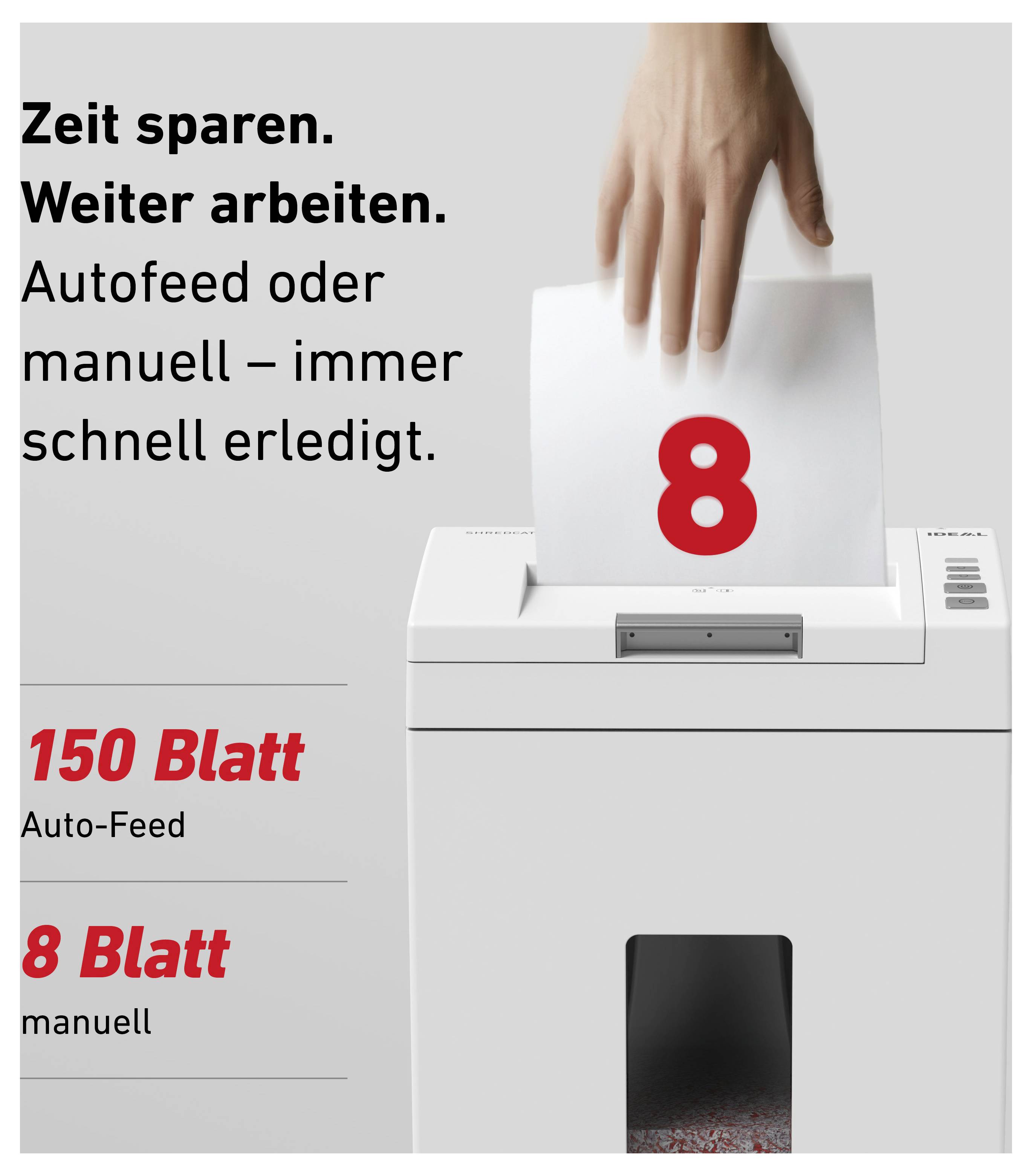 Un foglio viene inserito in un distruggidocumenti. Il testo descrive che il trituratore può elaborare 150 fogli in modalità automatica e 8 fogli manualmente.