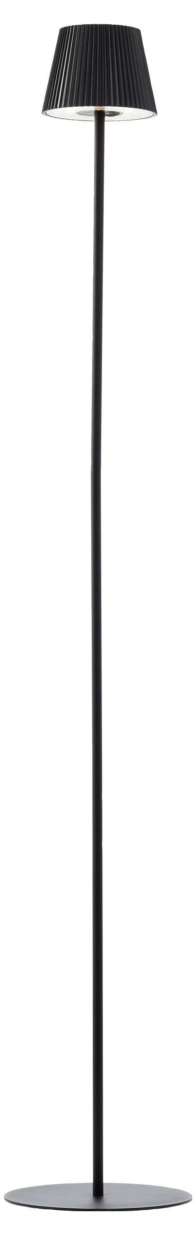 Una lampada da terra alta e snella con base e paralume neri, design moderno.