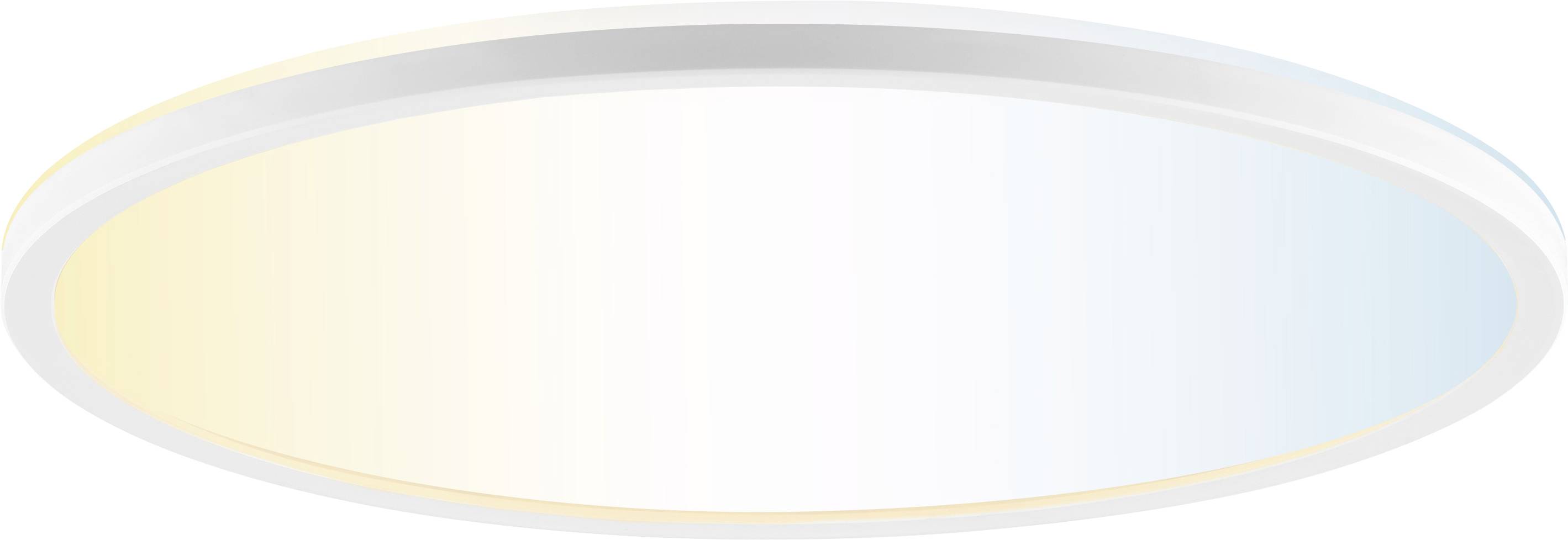Un'applique a soffitto LED circolare con un gradiente che va dal giallo caldo al blu freddo, che illustra la temperatura del colore regolabile per l'illuminazione ambientale.