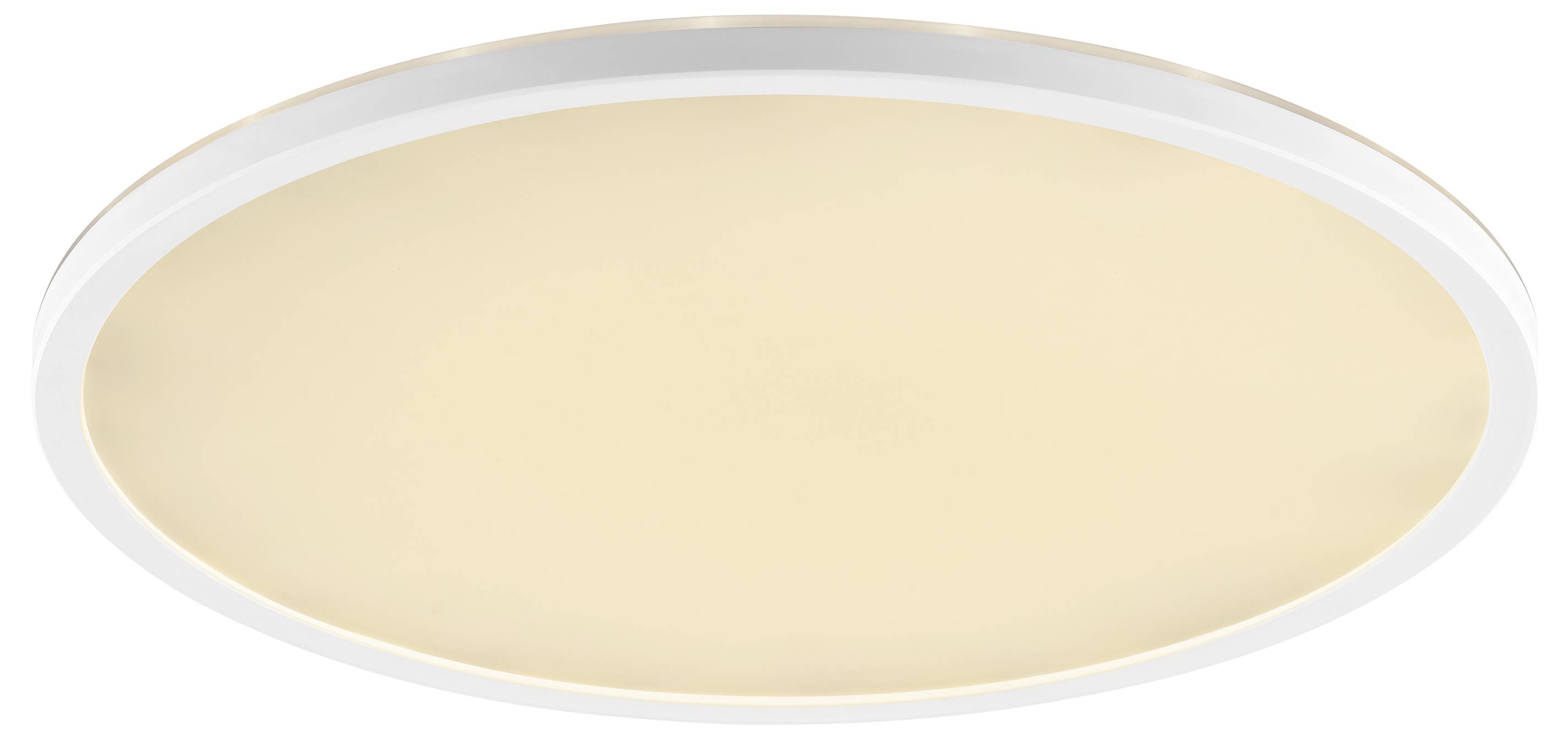 Plafoniera LED rotonda con cornice bianca e bagliore morbido e caldo.