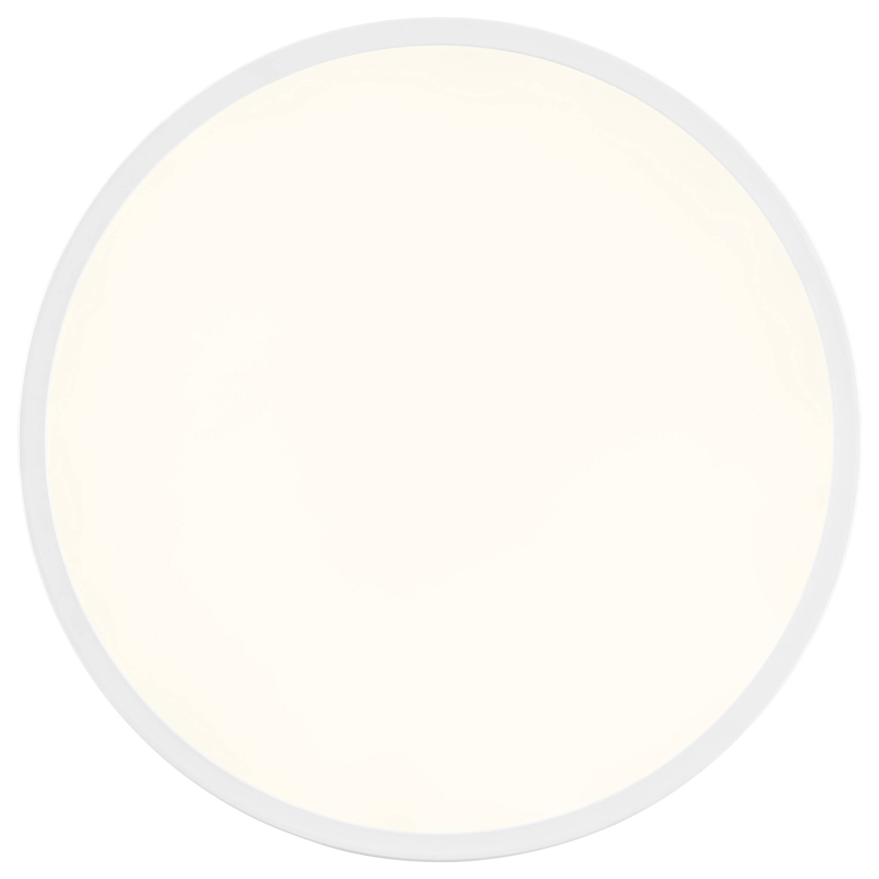 Plafoniera LED circolare color crema con cornice bianca, che emana una luce soffusa, adatta all'illuminazione ambientale per interni.
