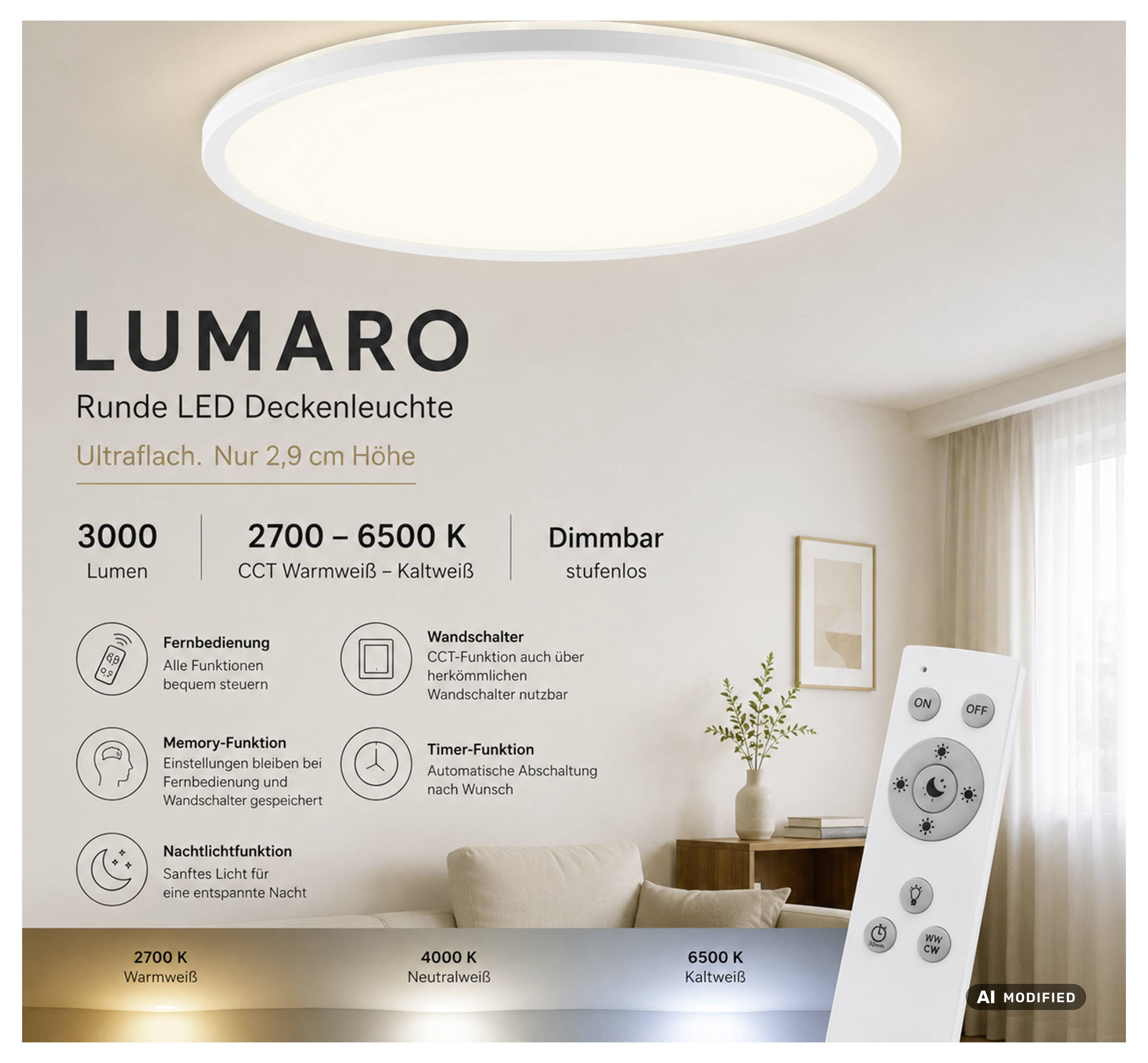Immagine pubblicitaria di una plafoniera LED rotonda 'LUMARO' con le seguenti specifiche: 3000 lumen, 2700–6500 K, dimmerabile, telecomando, funzione parete e timer.