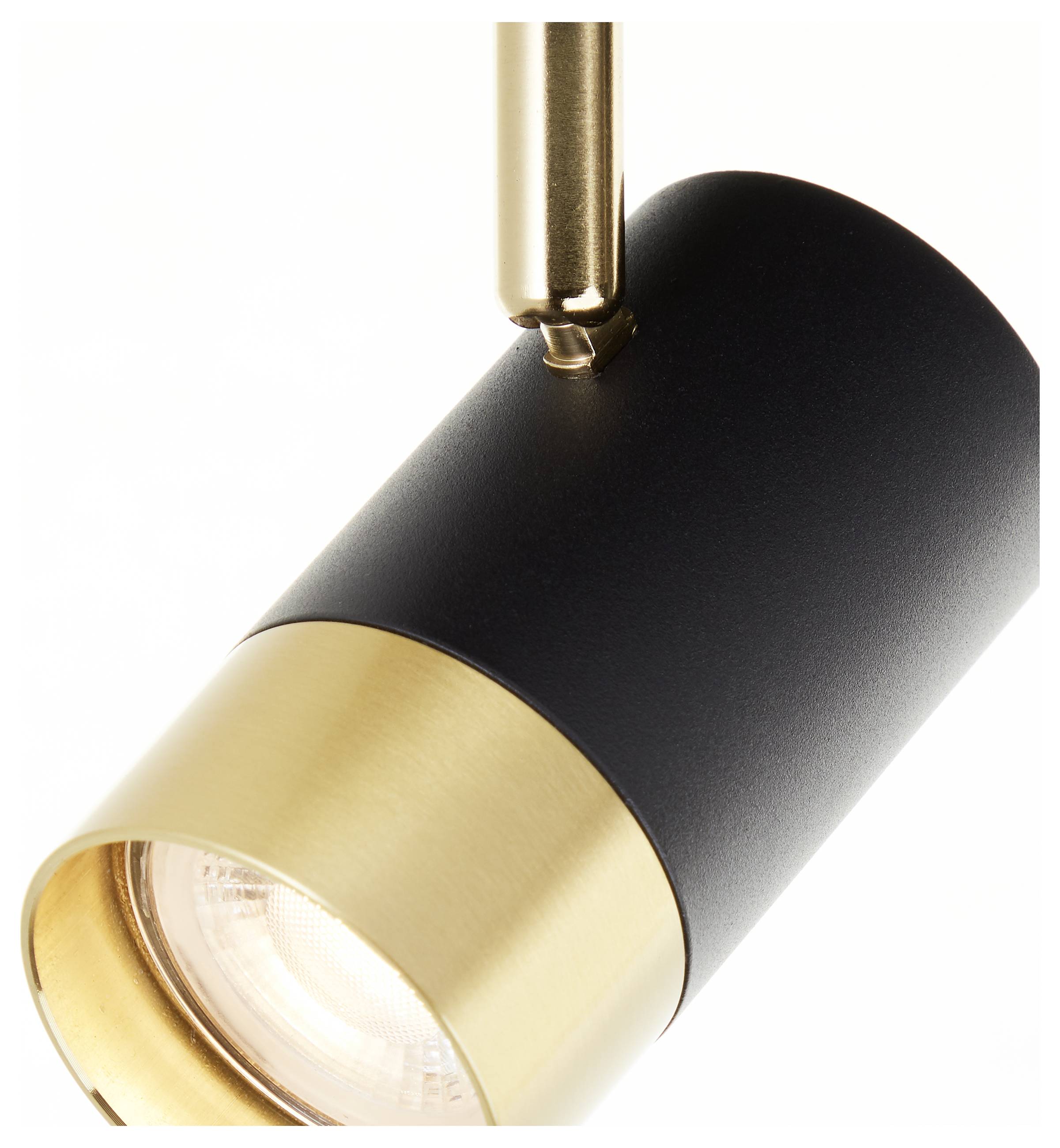 Un moderno faretto cilindrico in nero e oro, dal design elegante, che sembra far parte di un apparecchio di illuminazione.
