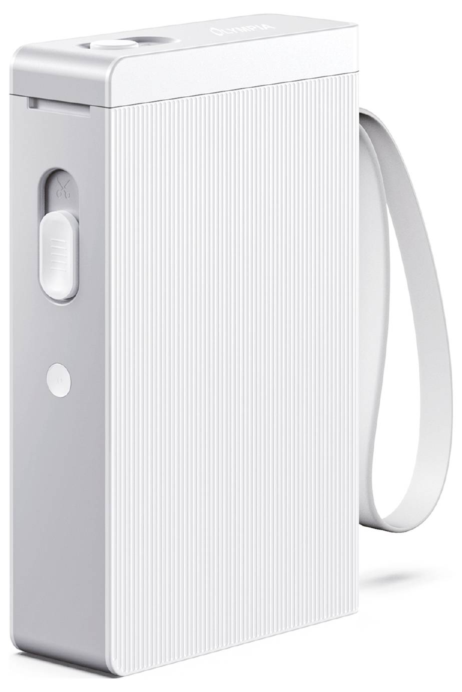 Un dispositivo elettronico bianco verticale con una superficie testurizzata, un pulsante scorrevole e un cinturino da polso, simile a una stampante portatile.