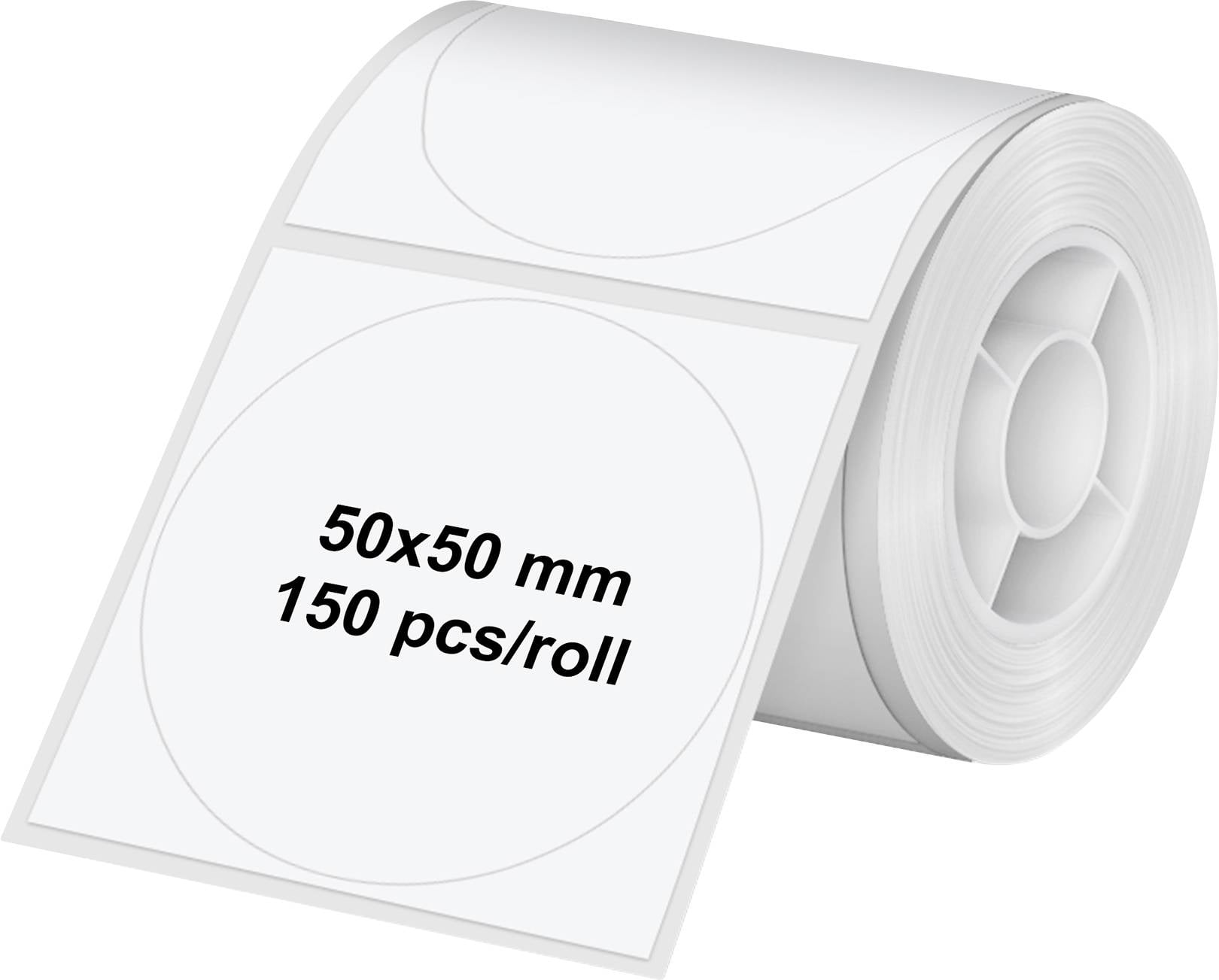 Un rotolo di etichette circolari bianche. Un'etichetta riporta '50x50 mm, 150 pz/rotolo'.