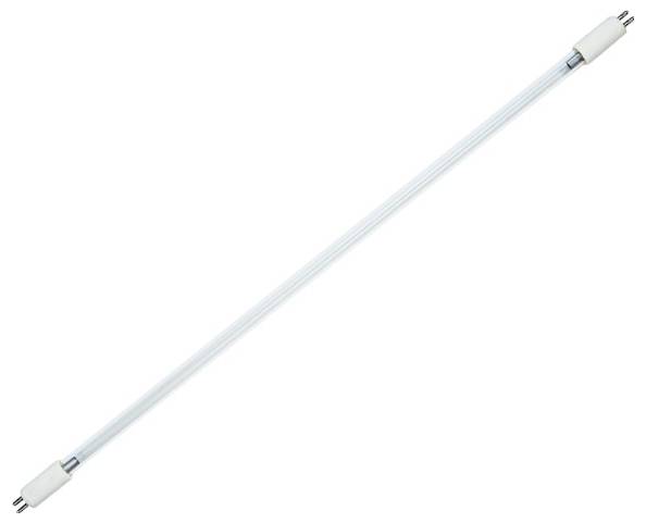 Un tubo fluorescente lungo e cilindrico con connettori metallici alle estremità, utilizzato per l'illuminazione interna.