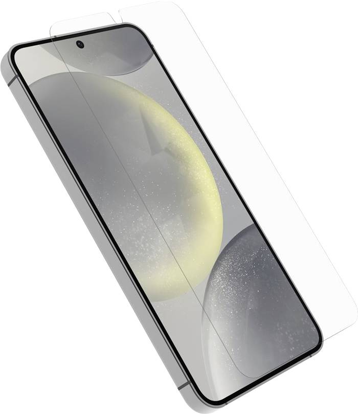 Uno smartphone con una pellicola protettiva trasparente parzialmente applicata, che mostra una sfumatura blu scuro e nera sul display.