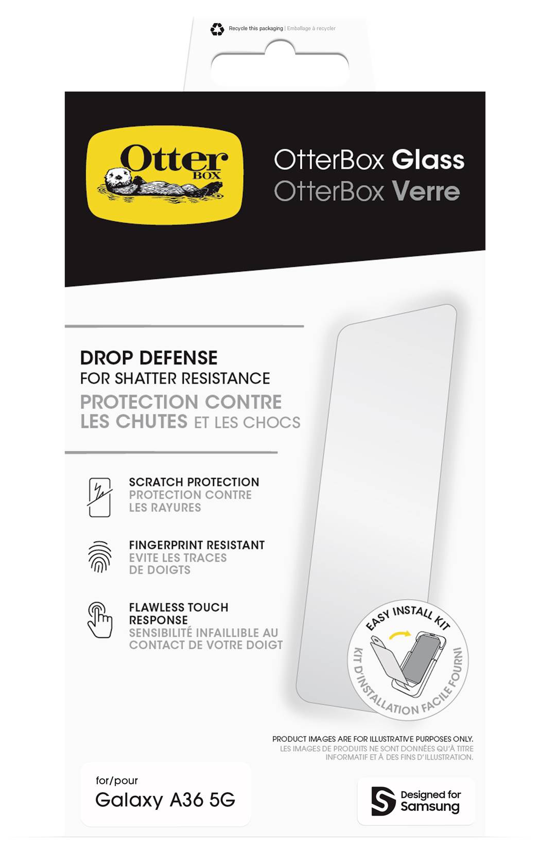 Protezione schermo in vetro OtterBox per Samsung Galaxy A36 5G, evidenziando la difesa da cadute, la protezione da graffi, la resistenza alle impronte digitali e il kit di installazione facile.