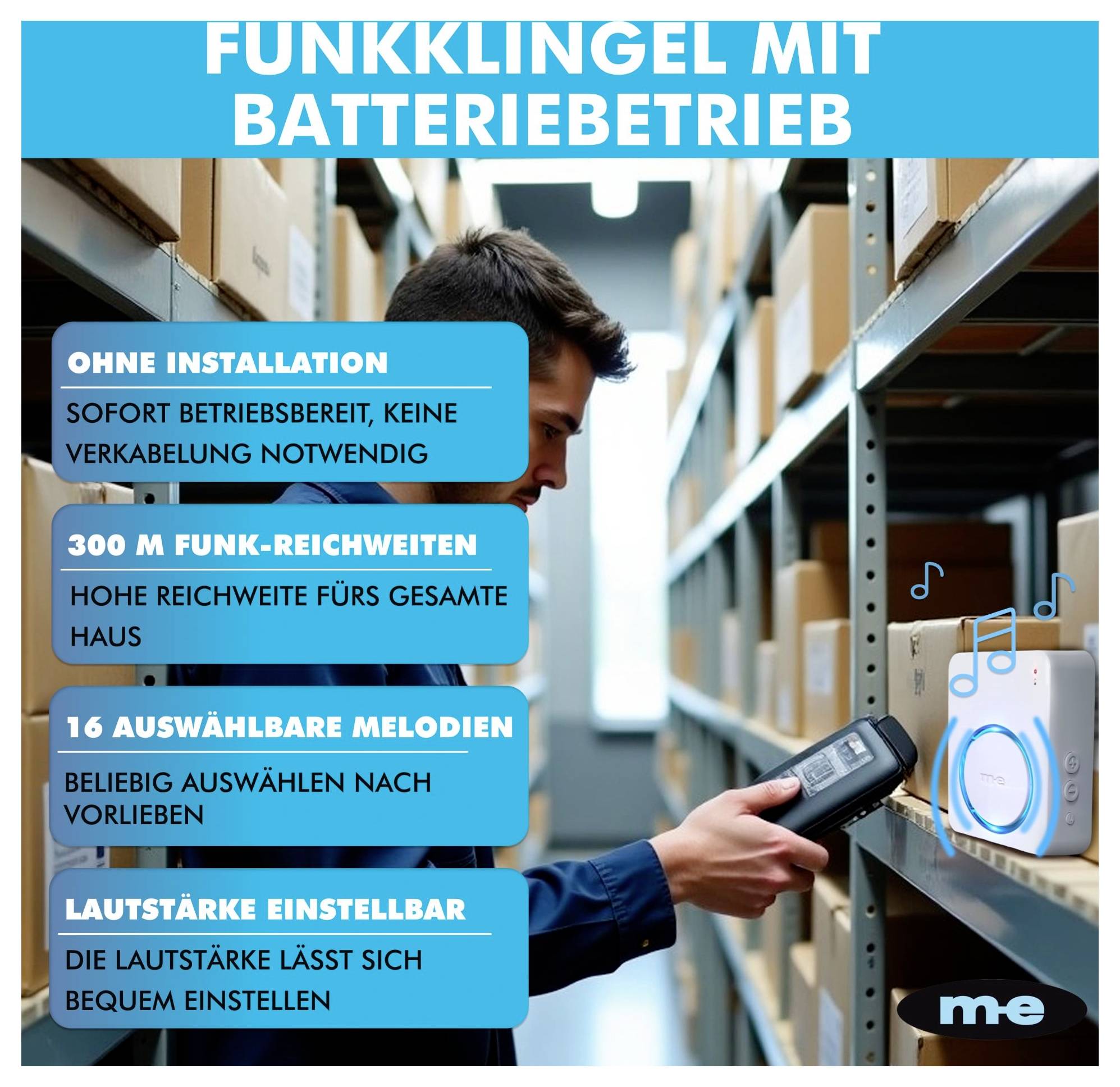 Una persona ispeziona un dispositivo in un'area di stoccaggio. Testo sull'immagine evidenzia le caratteristiche: campanello wireless, installazione facile, ampia portata, 16 melodie, volume regolabile.
