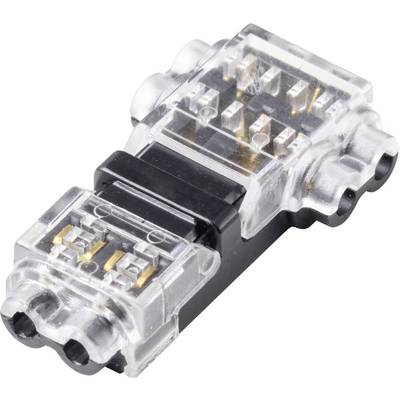 Un connettore di plastica trasparente con molteplici contatti metallici, utilizzato per unire i fili elettrici in modo sicuro.