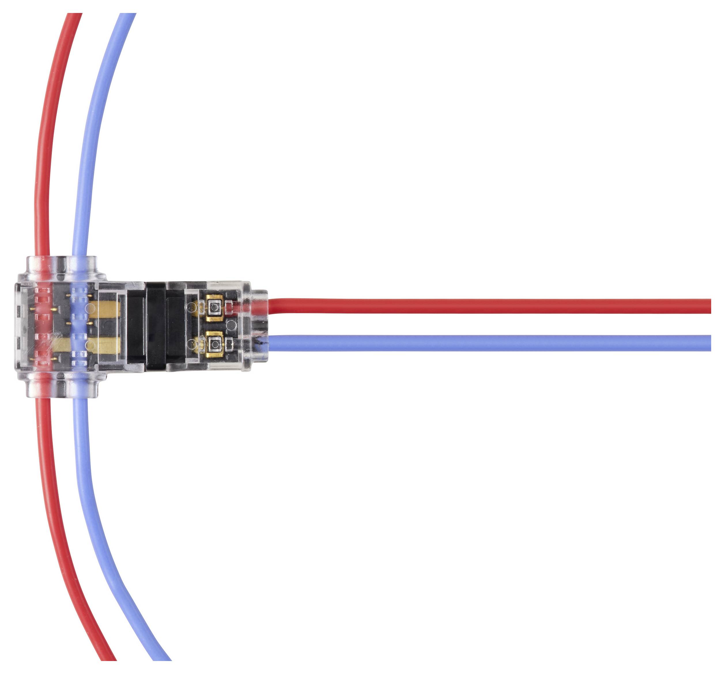 Un connettore elettrico trasparente che collega due fili rossi e un filo blu, illustrando la funzionalità della connessione.