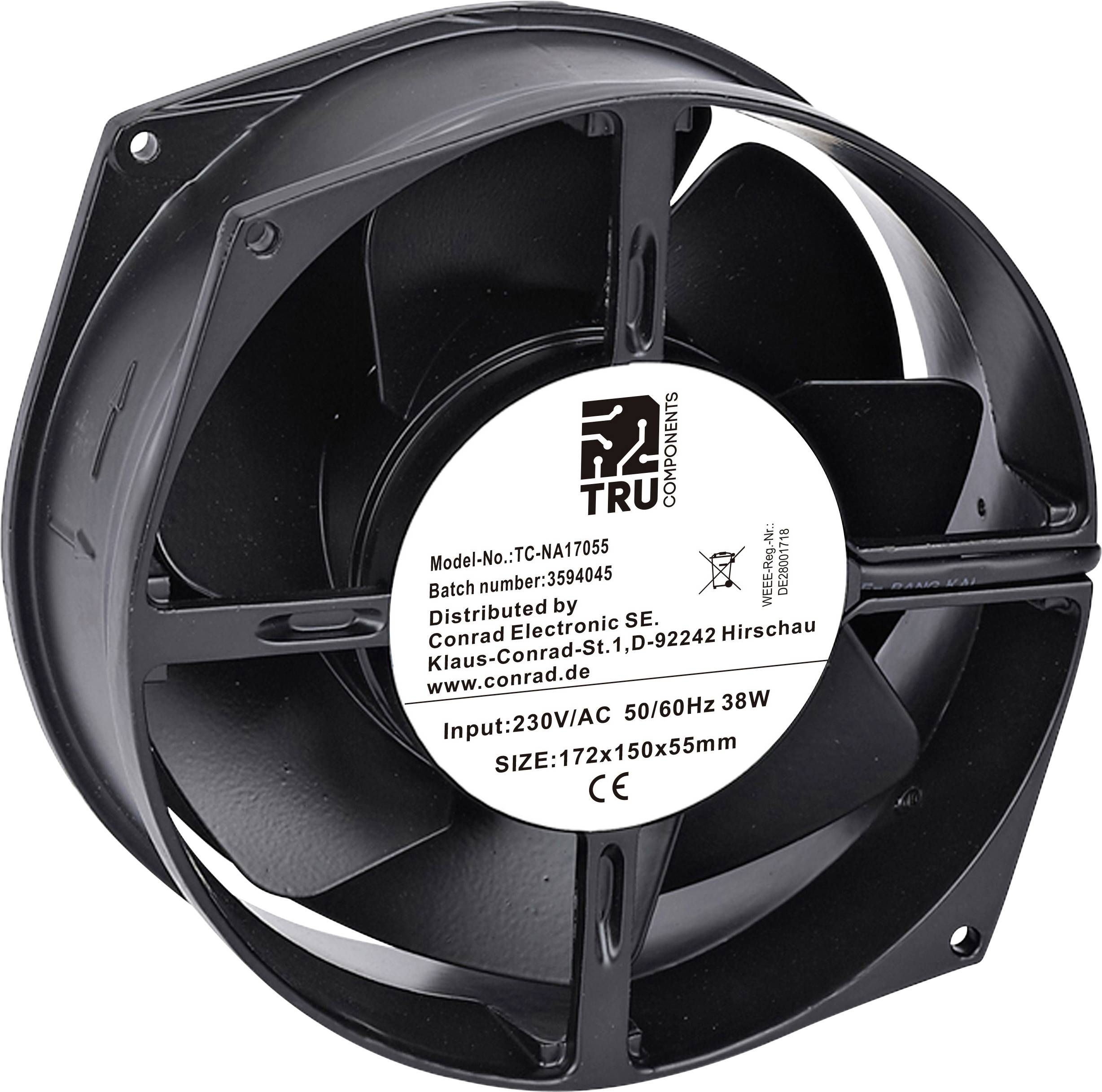 'Una ventola di raffreddamento nera con dettagli dell'etichetta: TRU Components, 230V AC, 50/60Hz, 38W, dimensioni 172x150x55mm. Distribuita da Conrad Electronic SE.'