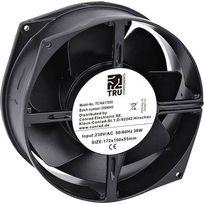'Una ventola di raffreddamento nera con dettagli dell'etichetta: TRU Components, 230V AC, 50/60Hz, 38W, dimensioni 172x150x55mm. Distribuita da Conrad Electronic SE.'