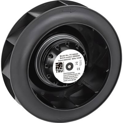 Un ventilatore elettronico nero con un'etichetta al centro che visualizza le informazioni del modello e le specifiche, incluso 'Input: 230VAC 50Hz 141W'.