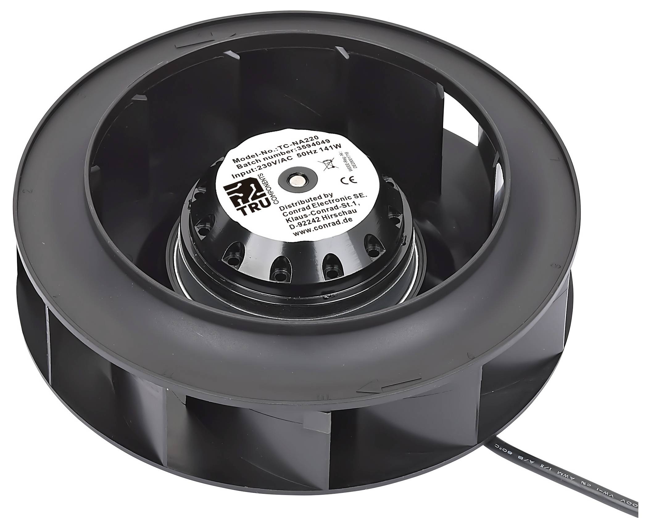 Ventilatore centrifugo 'TRU' con pale radiali, modello AF126/130-125S230, progettato per applicazioni di ventilazione o raffreddamento, mostrato in vista laterale.
