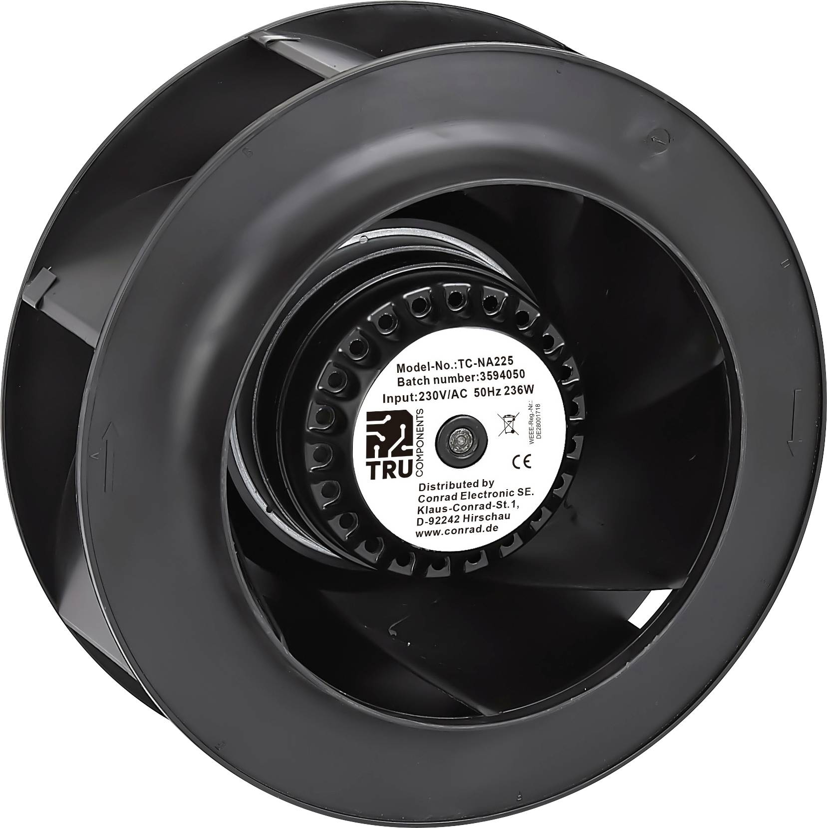 Una ventola cilindrica nera con un'etichetta che mostra il modello 'TC-NA225', ingresso '230VAC 50Hz 235W'. Distribuita da Conrad Electronic.