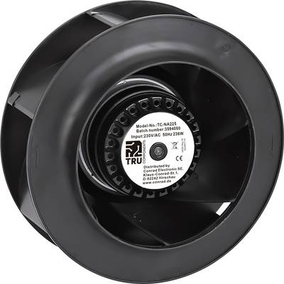 Una ventola cilindrica nera con un'etichetta che mostra il modello 'TC-NA225', ingresso '230VAC 50Hz 235W'. Distribuita da Conrad Electronic.