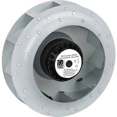 Un ventilatore in stile turbina circolare in argento con multiple pale e un motore centrale nero. Il ventilatore è etichettato con specifiche tecniche.