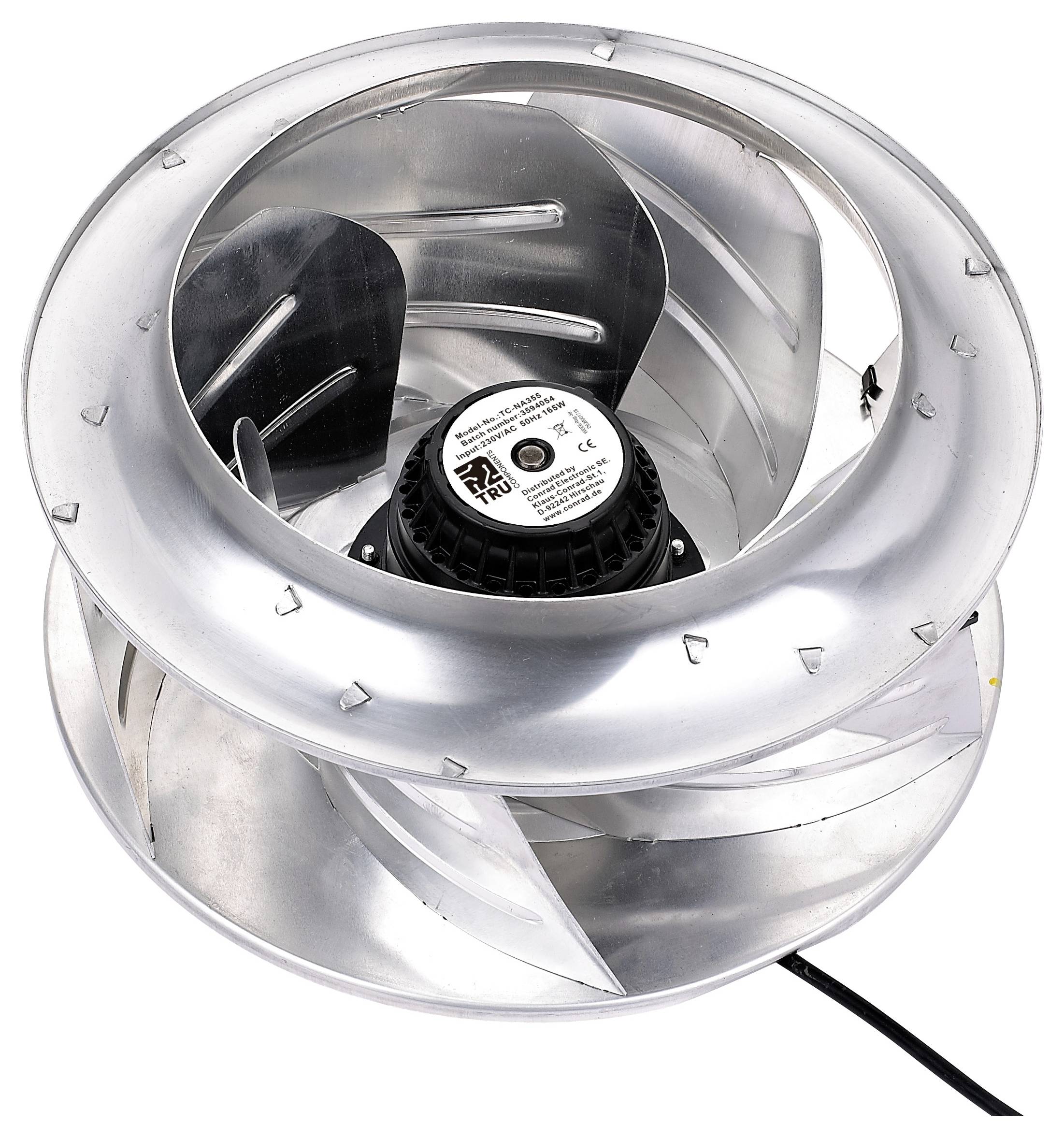 Un rotore di ventilatore metallico con pale curve, progettato per un movimento dell'aria efficiente.