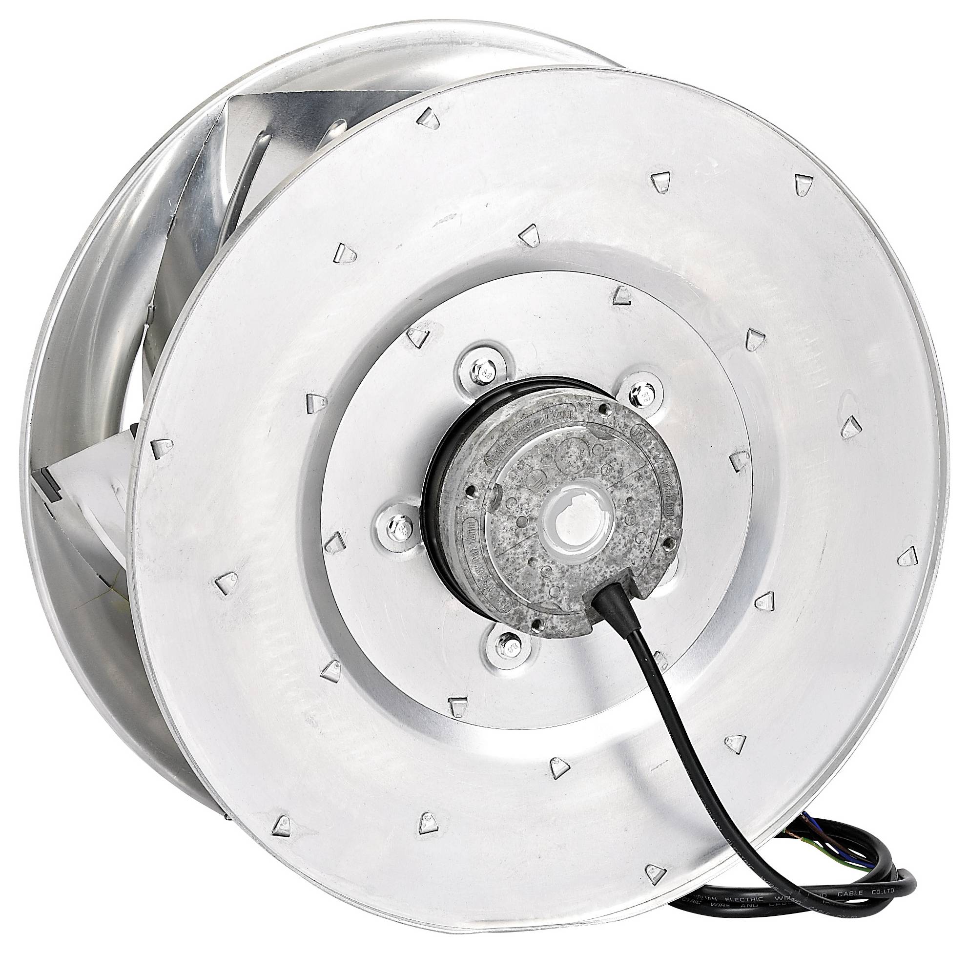 'Pala di ventilatore industriale circolare con motore centrale, montata in un involucro metallico. Un cavo nero si estende dal motore per la connettività.'