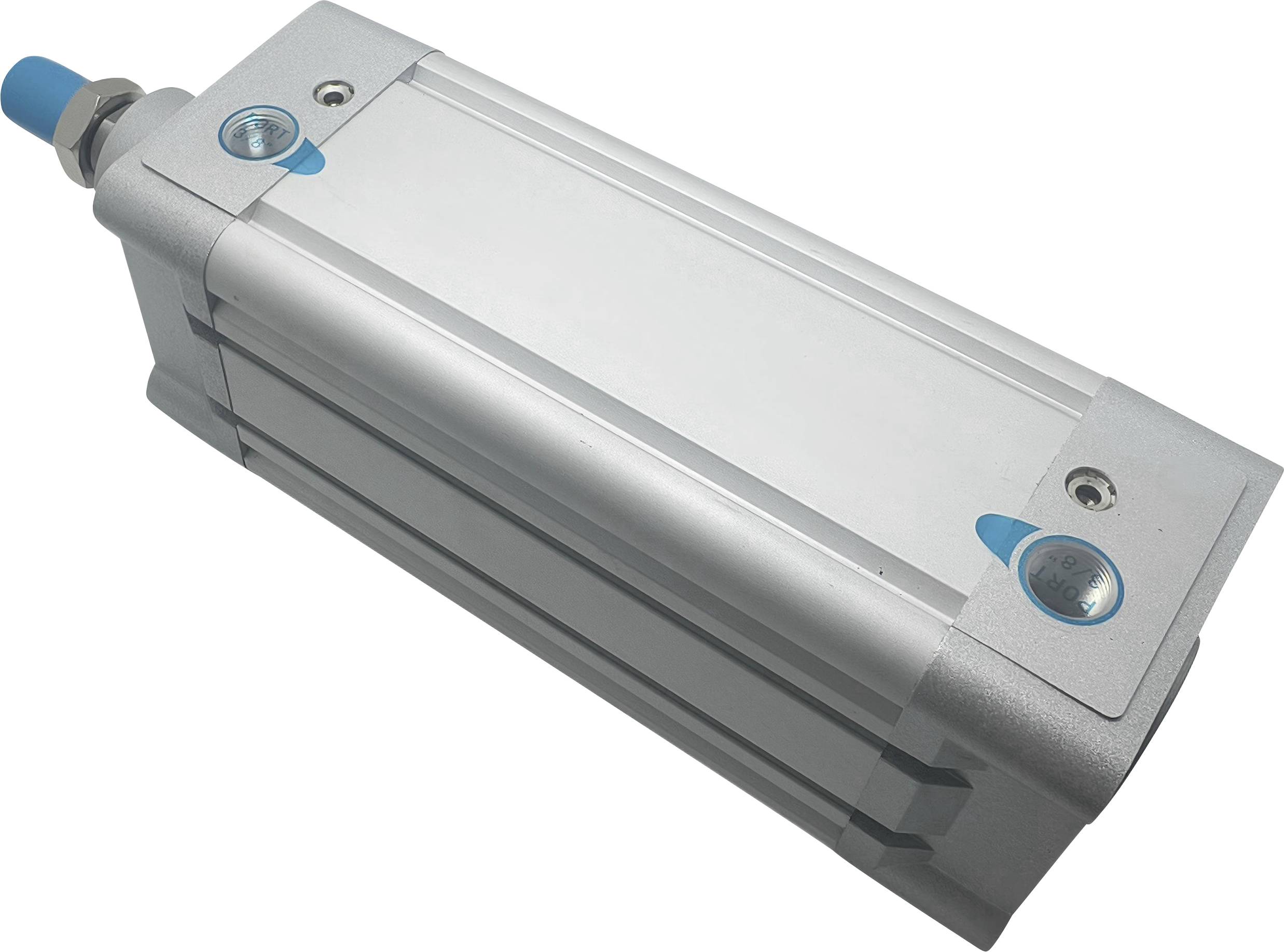 Cilindro pneumatico con corpo argentato, raccordi blu e fori di montaggio su ciascun lato, utilizzato nell'automazione industriale per il movimento lineare.
