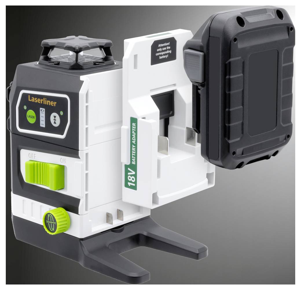 Uno strumento per livellamento laser digitale che mostra indicatori e un pulsante di accensione, con un adattatore per batteria da 18V e un design compatto per misurazioni precise.