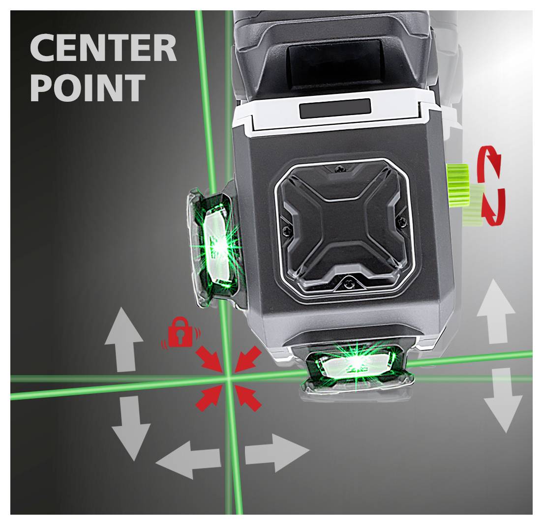 Un dispositivo di livellamento laser proietta linee laser verdi in più direzioni con un punto centrale contrassegnato. I simboli indicano impostazioni regolabili.