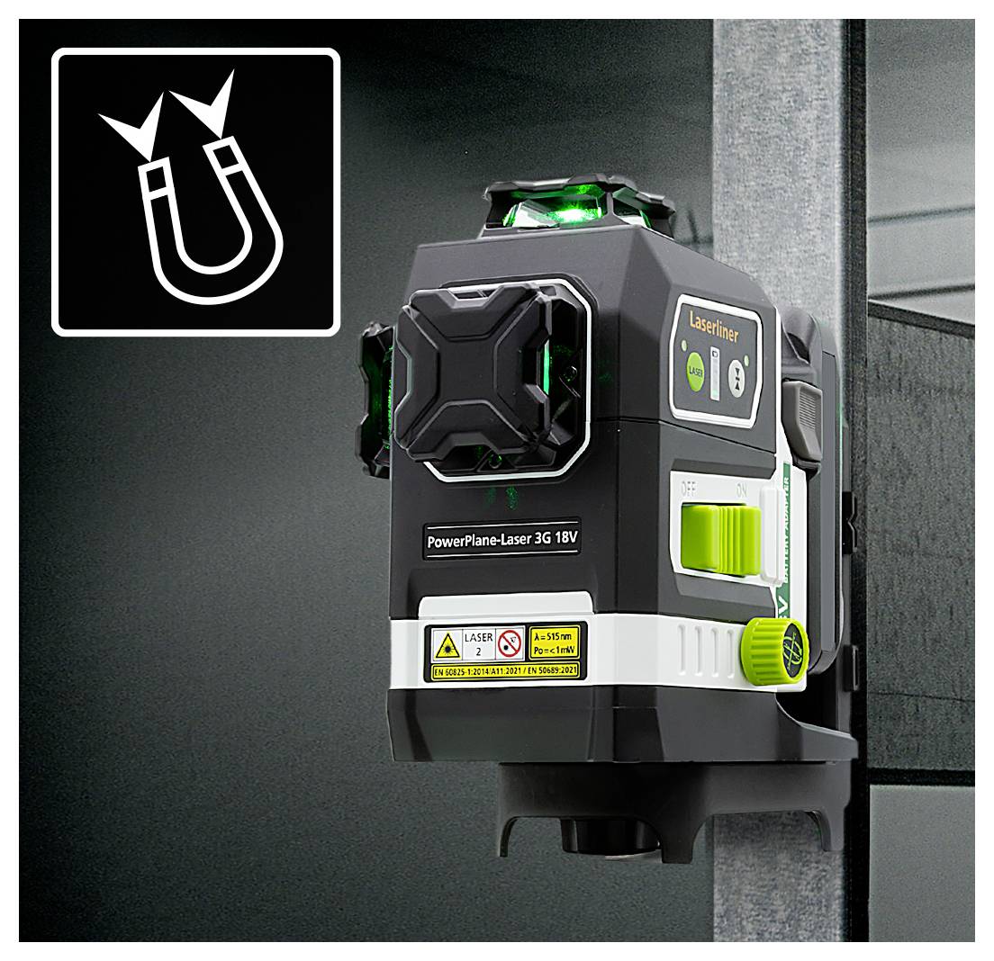 Un livello laser montato su una parete, con una linea laser verde, con un'icona di un magnete che indica la capacità di attacco magnetico.