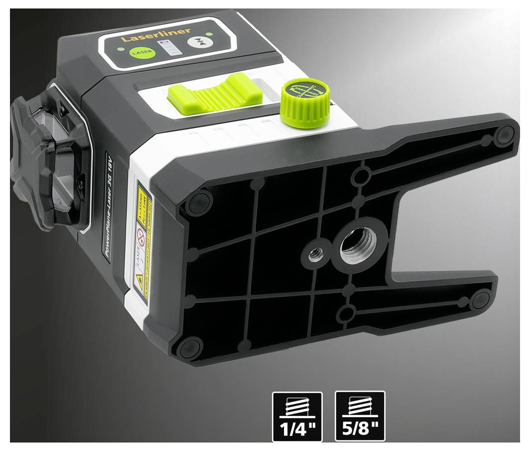 'Strumento di misurazione digitale degli angoli in verde con display, pulsanti di controllo e base di montaggio regolabile. Compatibile con filettature da 1/4" e 5/8".'