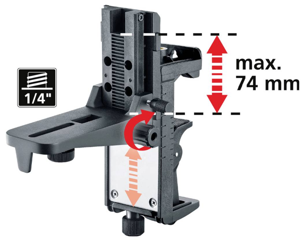 Supporto per telefono con morsetto regolabile, supporta dispositivi fino a 74 mm di larghezza. Include vite di montaggio da 1/4 di pollice e manopola rotabile per la regolazione.