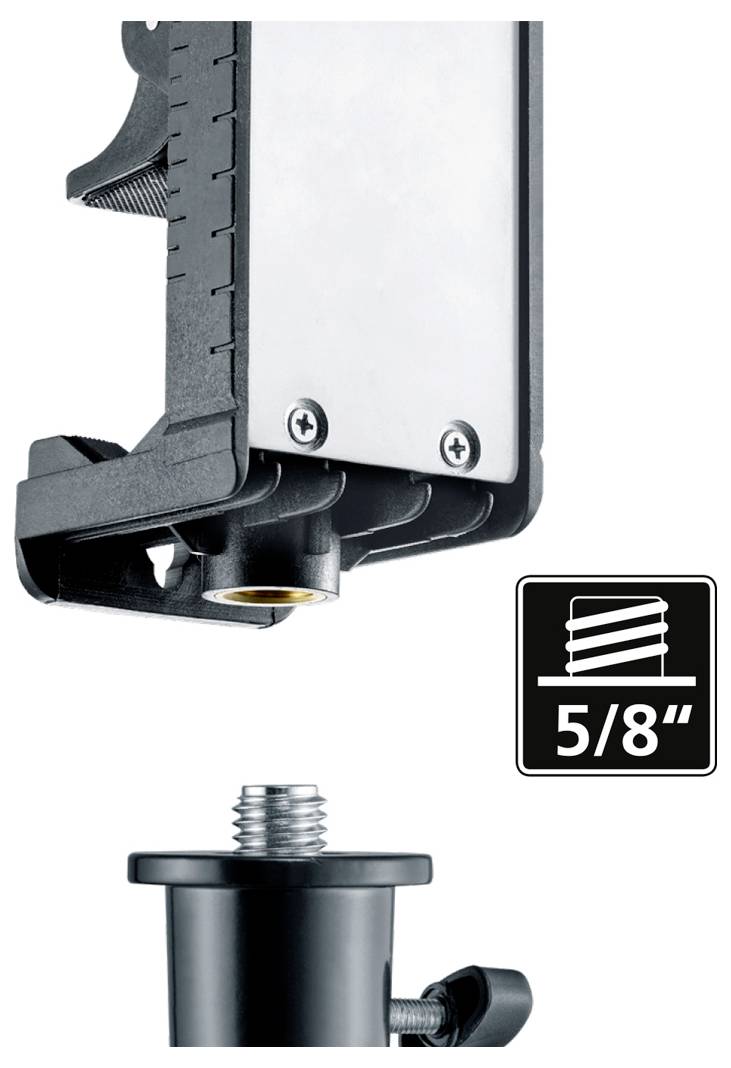 Un supporto a morsetto metallico con vite filettata da 5/8 di pollice, progettato per collegare dispositivi o attrezzature a sostegni o supporti.