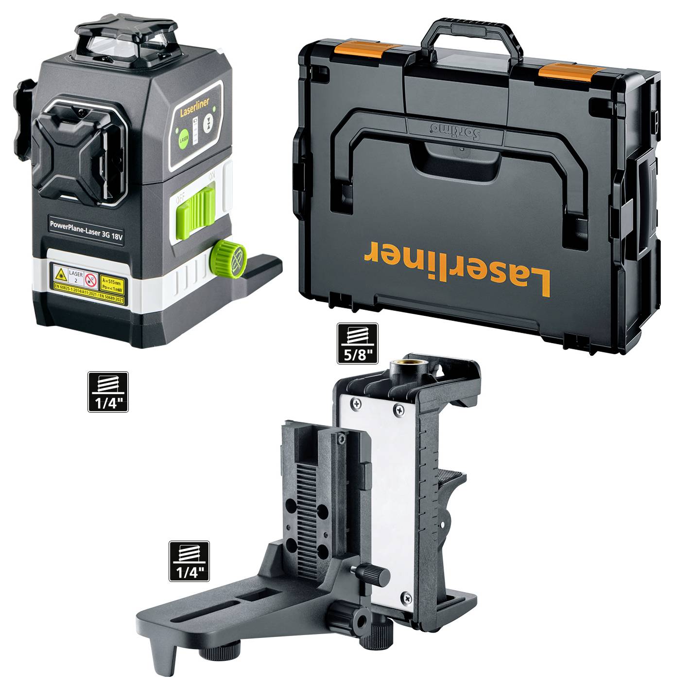 Un livello laser con base regolabile e custodia da trasporto. Il dispositivo offre opzioni di livellamento verticale e orizzontale con filettature di montaggio da 1/4" e 5/8".