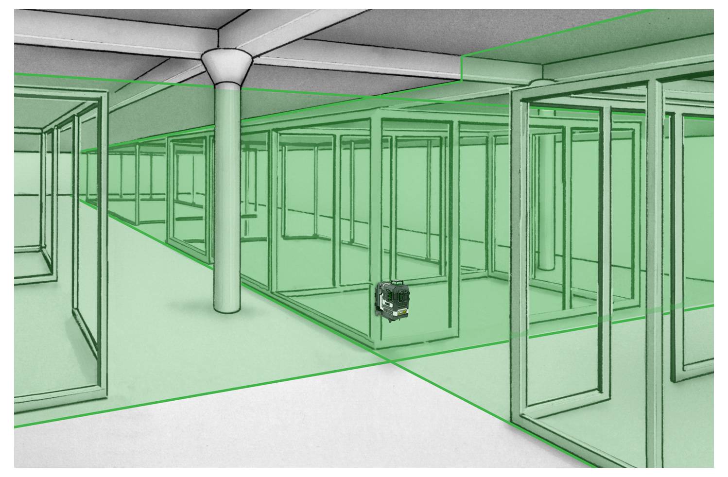 Vista interna di un progetto di edificio con pareti di vetro, colonne e un dispositivo rilevatore sul lato, tutti evidenziati con linee verdi.