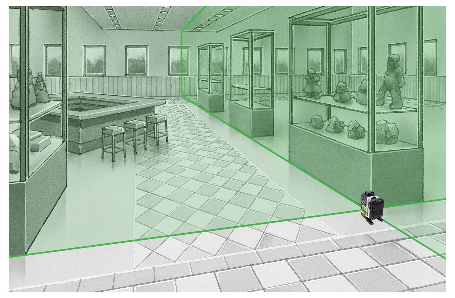 Una stanza di un museo con vetrine espone varie sculture. Una linea verde traccia un possibile percorso, con un piccolo dispositivo nero sul pavimento.
