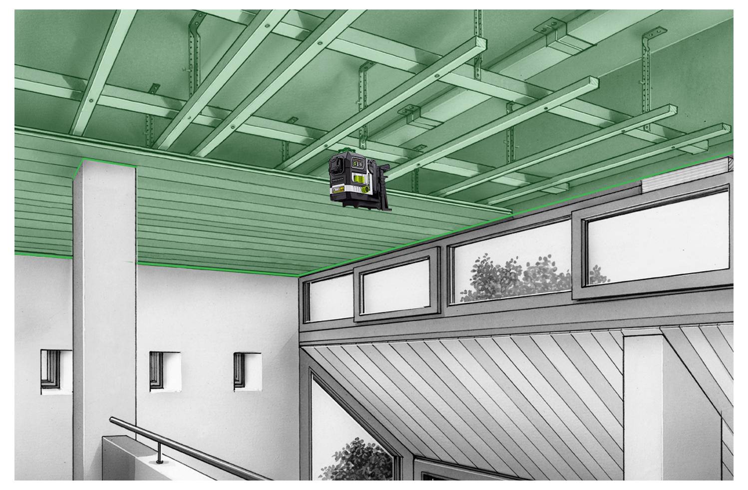 'Illustrazione di un sistema di controsoffitto sospeso con un dispositivo di livellamento laser che proietta linee, utilizzato nell'edilizia per un allineamento preciso.'