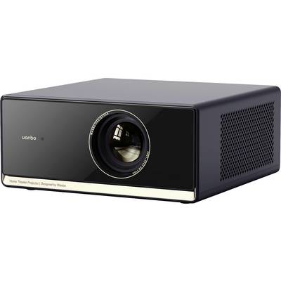 Un proiettore home theater rettangolare nero con un grande obiettivo, progettato da Wanbo, caratterizzato da griglie di ventilazione sul lato destro.