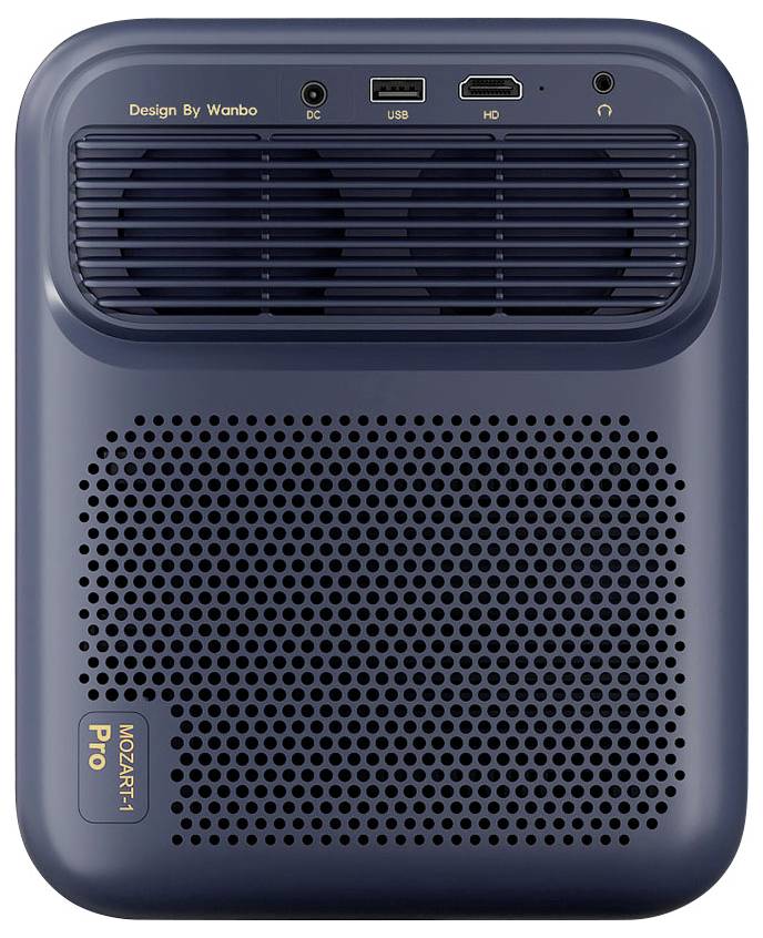 Un primo piano del retro di un dispositivo elettronico blu scuro con due griglie di ventilazione, porte per alimentazione DC, USB e HD, etichettato 'Mozart Pro'.