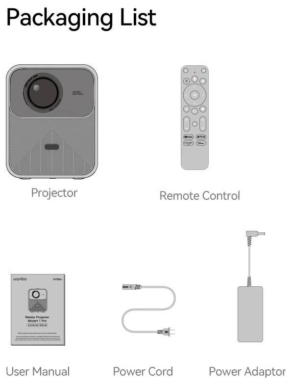 'Elenco dei Contenuti': Include immagini di un proiettore, telecomando, manuale dell'utente, cavo di alimentazione e adattatore di corrente.
