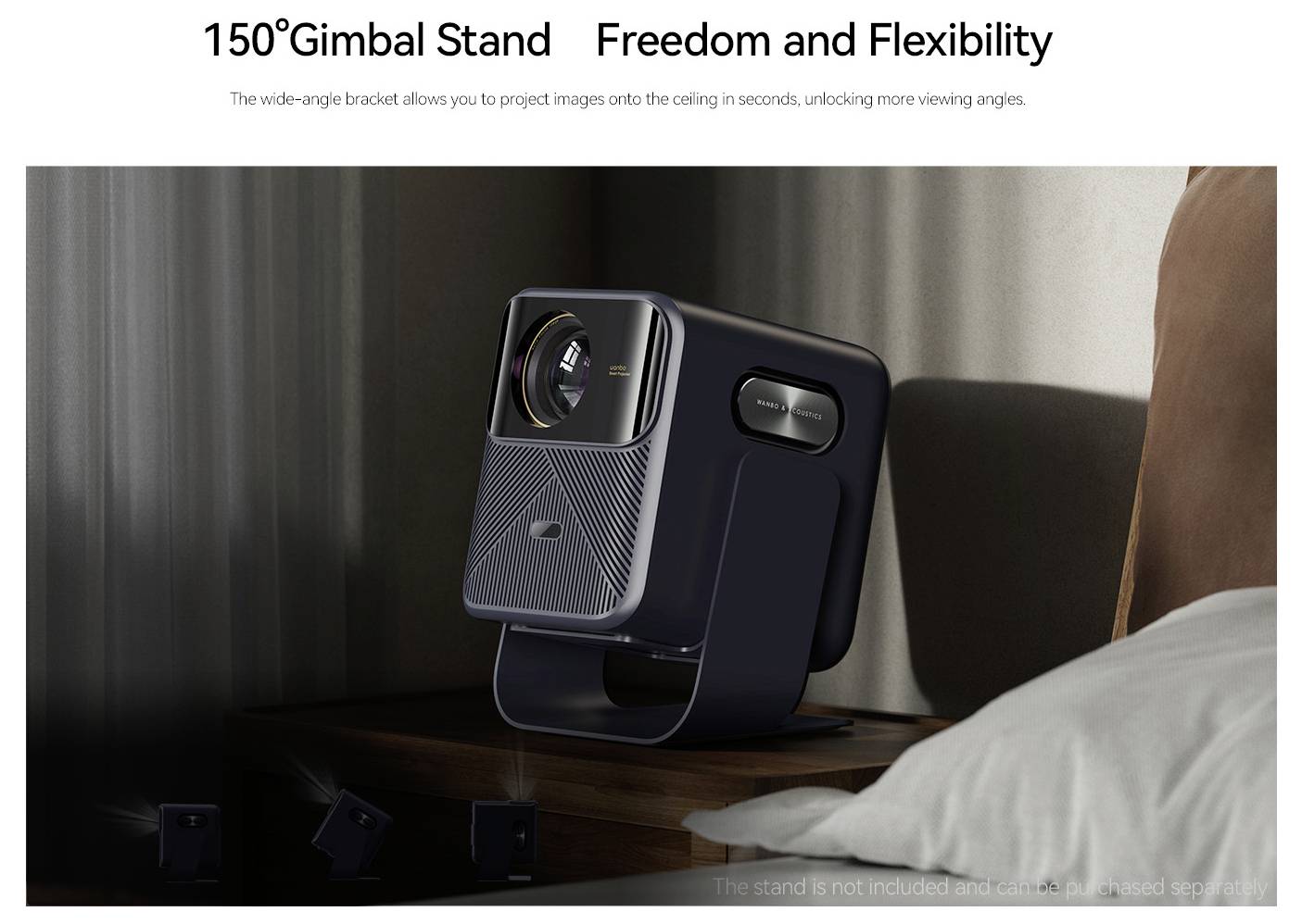 Un proiettore compatto con un supporto cardanico a 150° proietta immagini sul soffitto, enfatizzando la flessibilità. Il testo recita "Libertà e Flessibilità".