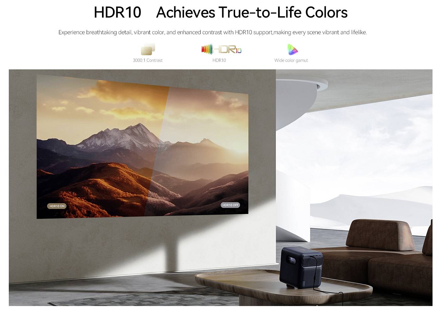 Immagine di un grande televisore che mostra un vivido paesaggio montano, illustrando la capacità di HDR10 di offrire colori vibranti e fedeli alla realtà.