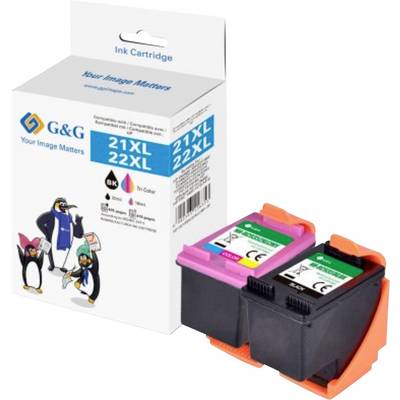 Cartucce d'inchiostro per stampante a colori, una nera e una a colori, accanto a una scatola di imballaggio con marchio che raffigura pinguini dei cartoni animati e il testo 'La Tua Immagine Conta'.